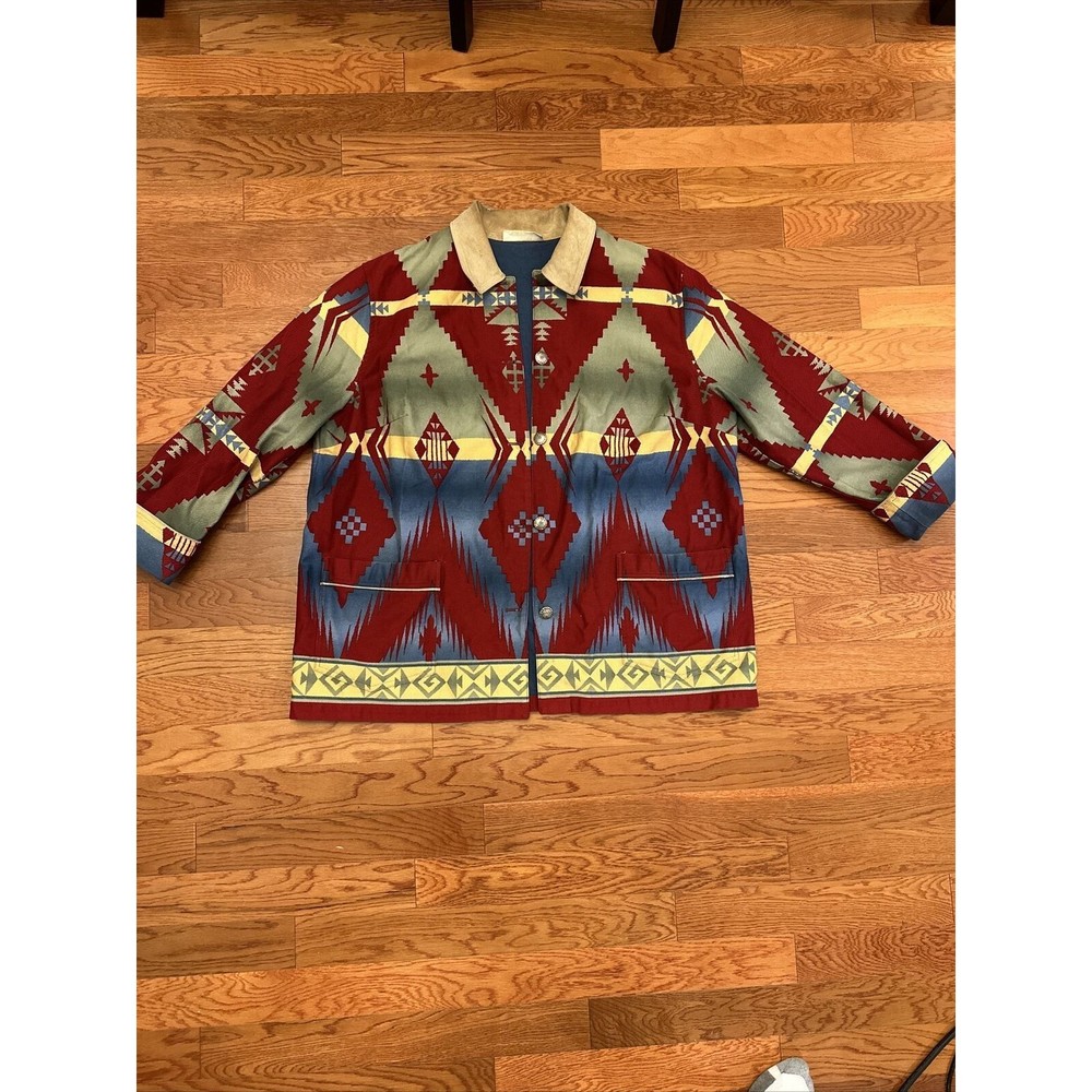 Jones New York Sz XL Art-Wear Southwest Loud Indian Cotton Twill Jacket Leather